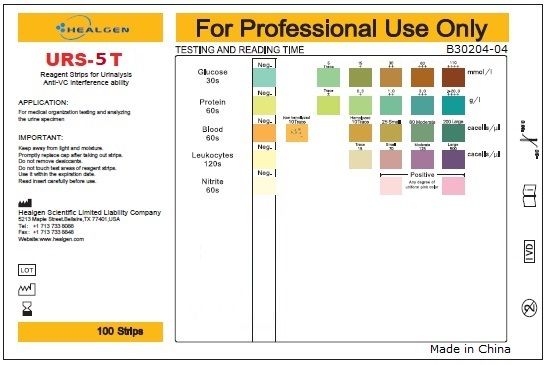 HEALGEN URS-5T urine test strips for urinalysis, 100 strips per box, with colorful test pads and bottle cap visible.