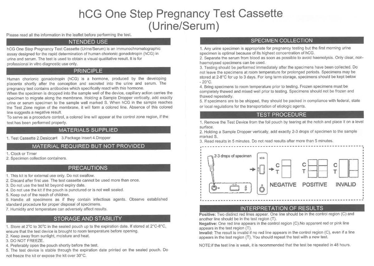 HEALGEN HCG pregnancy test strip showing urine sample for quick pregnancy detection, with clear result window and test markings.