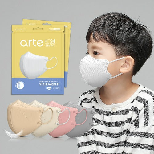 Kids KF94 2D face masks by Arte, set of 50, featuring a close-up of the fitted, three-dimensional design for children.
